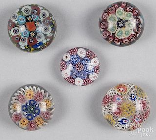 Five small Bohemian millefiori paperweights, largest - 2 1/8'' dia.