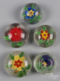 Five Chinese flower paperweights, largest - 3 1/4'' dia.