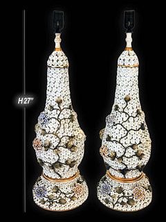 Pair of Snowball Meissen Style Porcelain Lamp