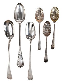 Five English Silver Serving Pieces and Silver Plate Stuffing Spoon