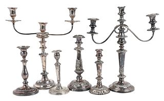 Seven Silver Plate Candlesticks and Two Pairs Candelabra