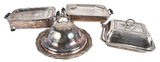 Nine Early Silver Plate Entree Servers, Stand and Warmers