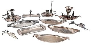 Eleven Early Silver Chamber Sticks, Trays and Snuffers