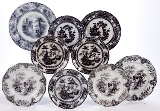 ENGLISH STAFFORDSHIRE FLOW MULBERRY TRANSFER-PRINTED IRONSTONE PLATES, LOT OF NINE