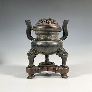 3pc Chinese Ming Dynasty Bronze and Wood Censer