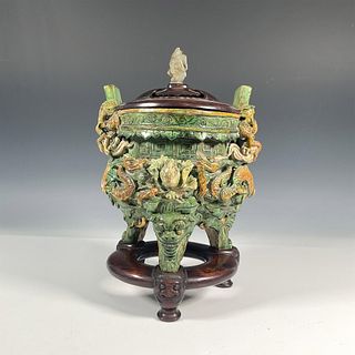 Chinese Ming Ceramic Covered Dragon Censer with Jade