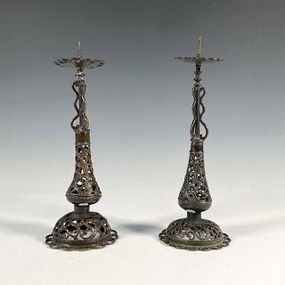 Pair of Antique Asian Bronze Candlestick Holders