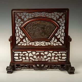 Chinese Qing Dynasty Wooden and Dushan Jade Stone Screen