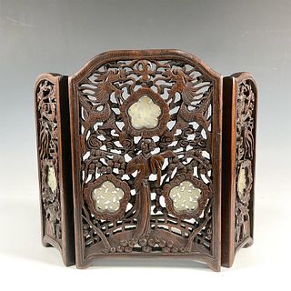 Chinese Carved Hardwood and Jade Table Screen