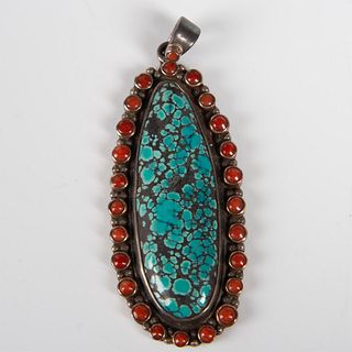 Tibetan Silver Coral and Turquoise Oval Pendant