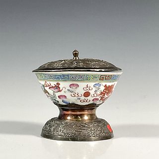 Chinese Silver and Porcelain Porridge Bowl with Lid