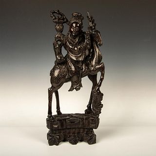 Antique Chinese Hardwood and Silver Guanyin Sculpture