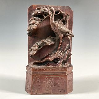 Chinese Carved Wood Bookend with Heron