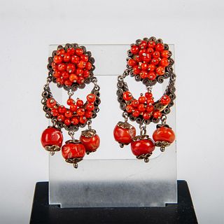 Pair of Silver and Chinese Coral Earrings