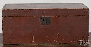 New England painted pine lock box, 19th c., retaining its original red surface, 10'' h., 24'' w.