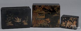 Three Chinese black lacquer boxes, ca. 1900, largest - 2 1/2'' h., 7'' w.