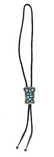 GEORGE & LUPE LEEKITY ZUNI PUEBLO STERLING SILVER & TURQUOISE BOLO TIE