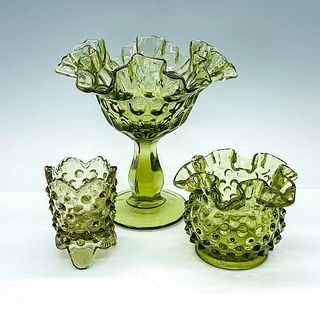 3pc Vintage Green Hobnail Glass Dishes