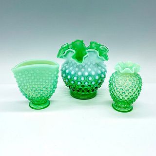 3pc Vintage Fenton Hobnail Green Glass Vases
