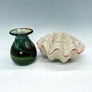 2pc Art Glass Vase and Handcrafted Ceramic Lidded Clam Dish