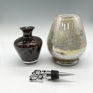 3pc Blown Glass Vase, Votive + Wine Stopper