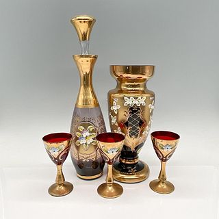 5pc Bohemian Glass Gold Enameled Ruby Red Grouping