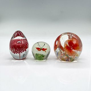 3pc Glass Orb Paperweights, Flowers and Butterfly