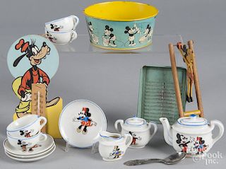 Collection of Mickey Mouse items, to include a tin litho wash tub and wash board, a jointed wood acr