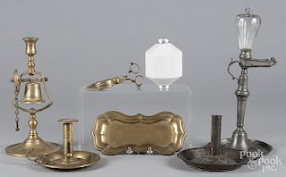 Lighting, to include a pewter lamp, snuffer, tin chamberstick, etc.
