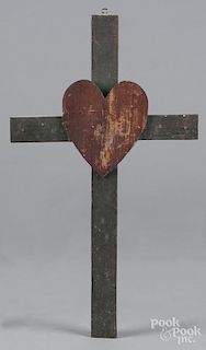 Painted mahogany cross with heart, early 20th c., retaining its original surface, 20'' h.