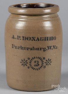 West Virginia stoneware jug, 19th c., with cobalt inscription A.P. Donaghho Parkersburg, W. Va, 11