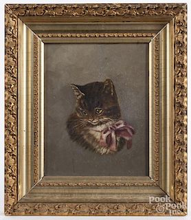 Pair of oil on canvas works of a cat and dog, late 19th c., 10'' x 8''.