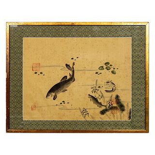 Chinese Watercolor on Silk, Carp and Catfish, Sealed