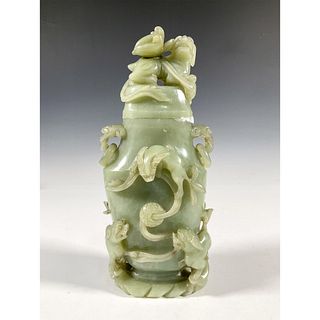 Chinese Carved Green Celadon Jade Vase with Cover