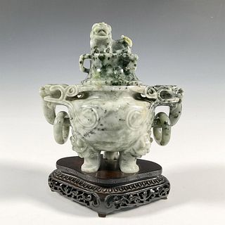 Chinese Jade Carved Dragon Censer on Wood Stand