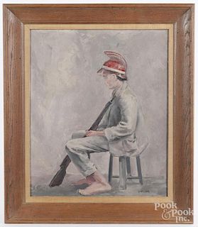 Doris Libby, 20th c., oil on canvas of a young man with rifle, signed lower right, 24'' x 20''.