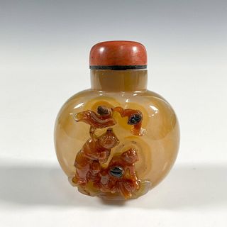 Chinese Carved Agate Stone Snuff Bottle with Coral Stopper