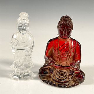 Group of Two Chinese Rock Crystal and Amberite Buddha Figure