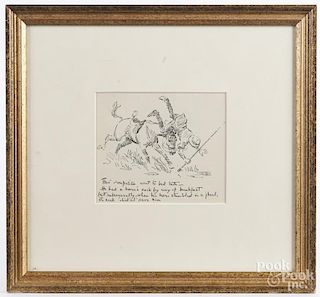 Ink illustration of a rider falling from his horse, 5 1/2'' x 6 1/4''.