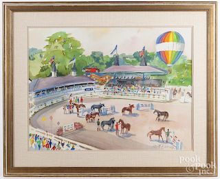 Cecile Johnson (American 1916-2010), watercolor steeplechase, signed lower right, 21'' x 28''.