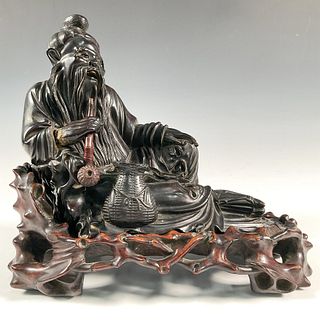 Antique Chinese Carved Wood Luohan Statue with Base