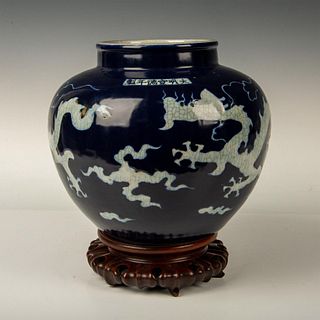 Chinese Blue and White Year of the Dragon Pot + Base