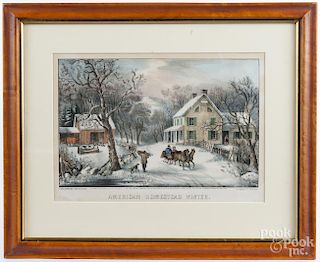 Currier & Ives color lithograph, titled American Homestead Winter, 8'' x 12 1/4''.