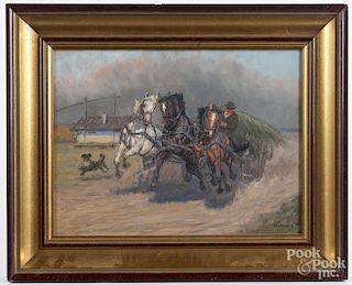 Oil on board of a man riding a horse drawn cart, probably Polish, 12'' x 16''.