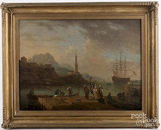 Continental oil on canvas harbor scene, 19th c., 19'' x 25 1/2''.