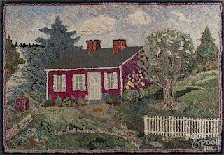 American hooked rug of a house, early/mid 20th c., 29'' x 42''.
