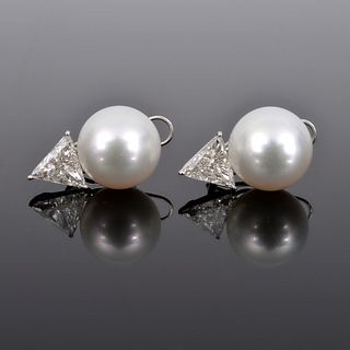 Pair of 18K Gold, Diamond & South Sea Pearl Estate Clip Earrings