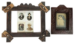TRAMP / FOLK ART PICTURE FRAMES AND PHOTOGRAPHS, LOT OF SIX