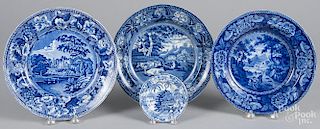 Three blue Staffordshire English scenery plates, together with a toddy plate, 4 3/8'' - 10 1/8'' dia.