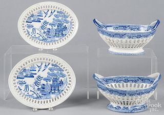 Pair of pearlware reticulated baskets with undertrays, 19th c., 4 1/4'' h., 8 1/4'' w.